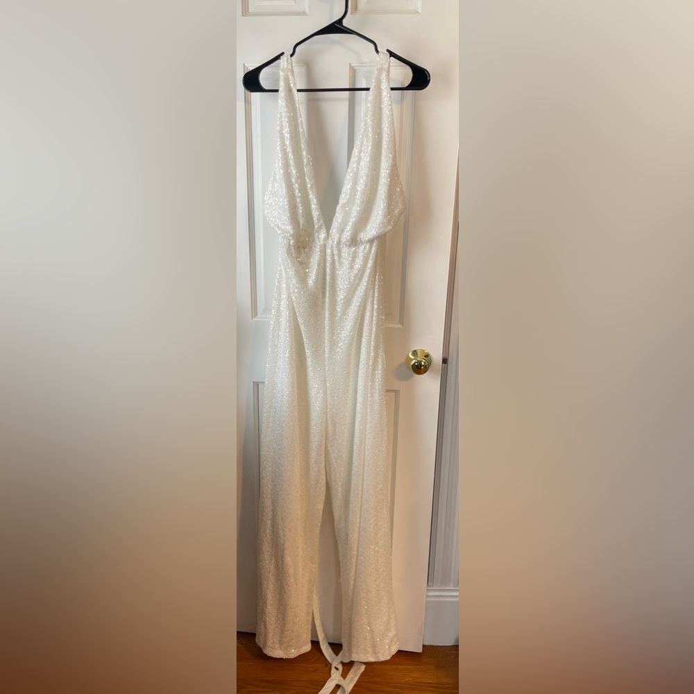 White Sequin Halter Jumpsuit
